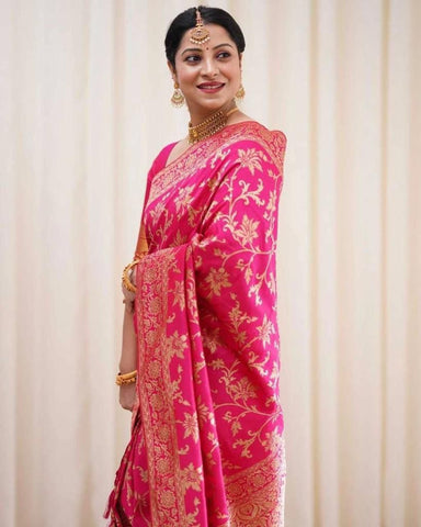 Dark Green And Pink Zari Work Soft Lichi Silk Saree