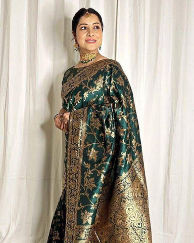 Dark Green And Pink Zari Work Soft Lichi Silk Saree