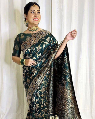 Dark Green And Pink Zari Work Soft Lichi Silk Saree