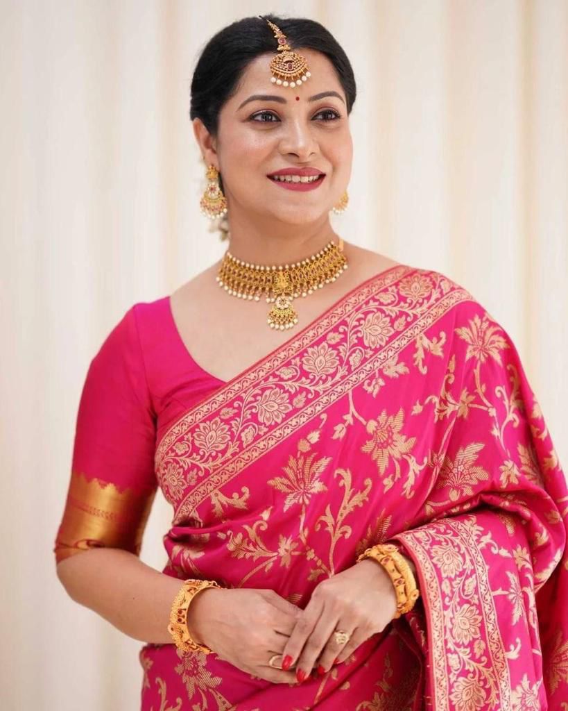 Dark Green And Pink Zari Work Soft Lichi Silk Saree