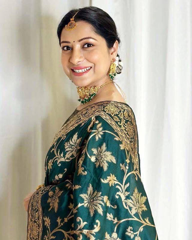Dark Green And Pink Zari Work Soft Lichi Silk Saree