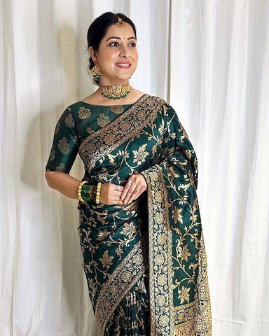 Dark Green And Pink Zari Work Soft Lichi Silk Saree
