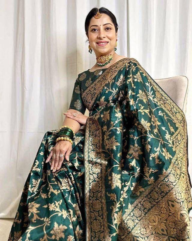 Dark Green And Pink Zari Work Soft Lichi Silk Saree