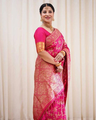 Dark Green And Pink Zari Work Soft Lichi Silk Saree