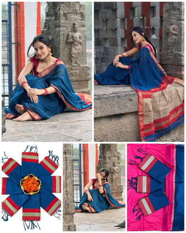 Dazzling Blue Soft Silk Saree With Flattering Blouse Piece