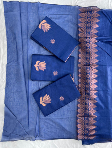 Designer Royal Blue Cotton Silk Saree With Classic Blouse Piece