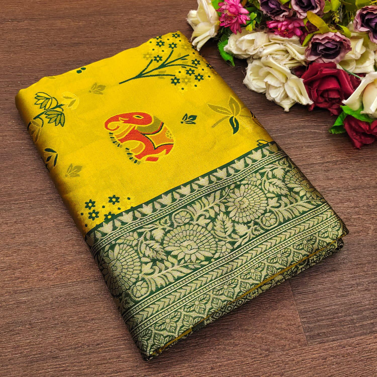 BEAUTIFUL RICH PALLU ACQUARD WORK ON ALL OVER THE  YELLOW SAREE.