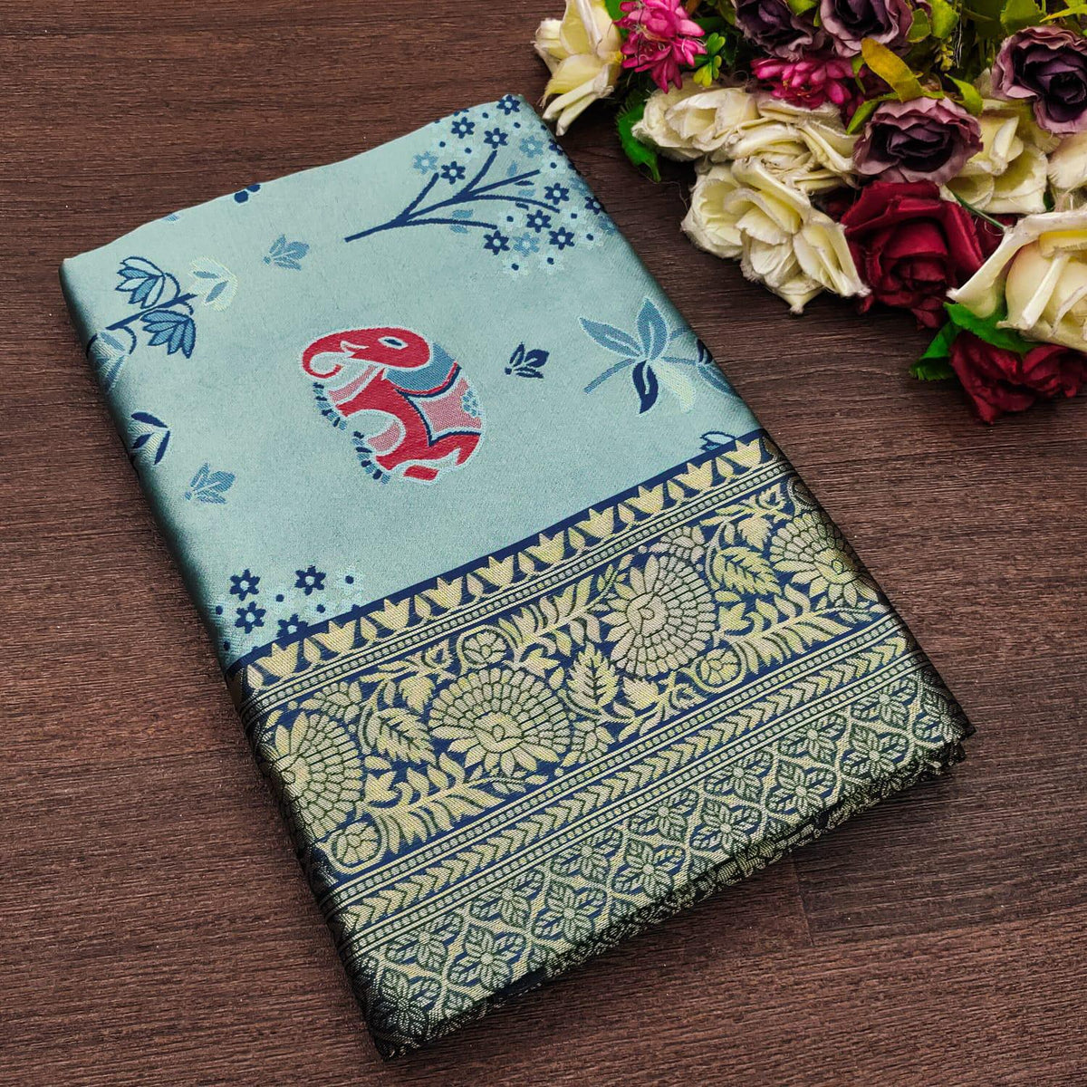 BEAUTIFUL RICH PALLU ACQUARD WORK ON ALL OVER THE SKY BLUE SAREE.
