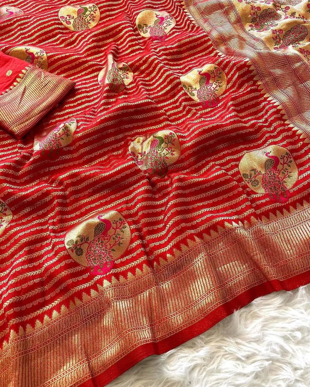 Pure Khadi Crepe Silk Saree with Meenakari Peacock Zari Weaving = RED