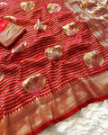Pure Khadi Crepe Silk Saree with Meenakari Peacock Zari Weaving = RED