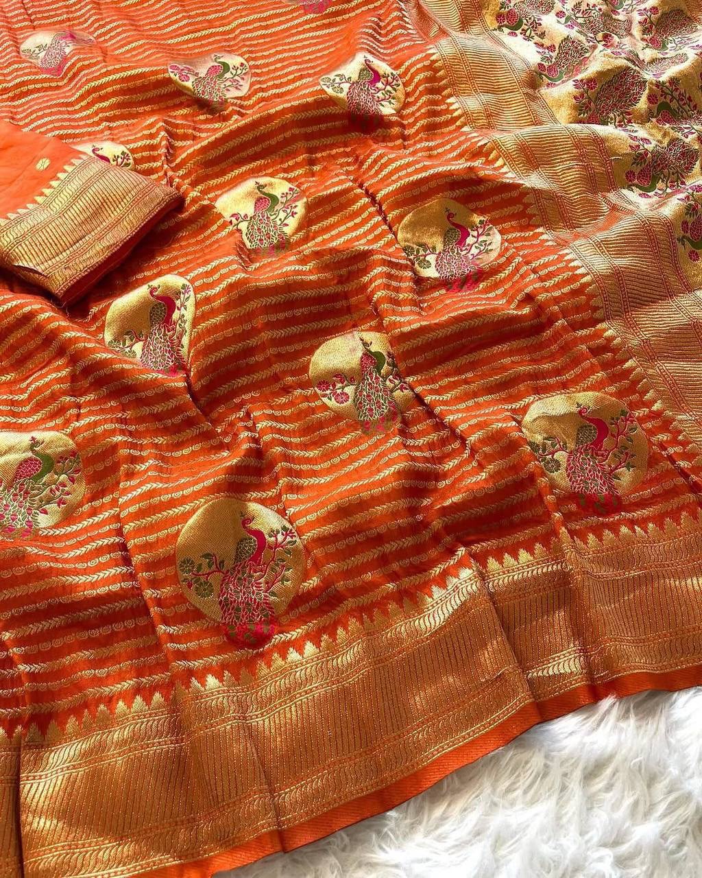 Pure Khadi Crepe Silk Saree with Meenakari Peacock Zari Weaving = ORANGE