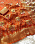 Pure Khadi Crepe Silk Saree with Meenakari Peacock Zari Weaving = ORANGE