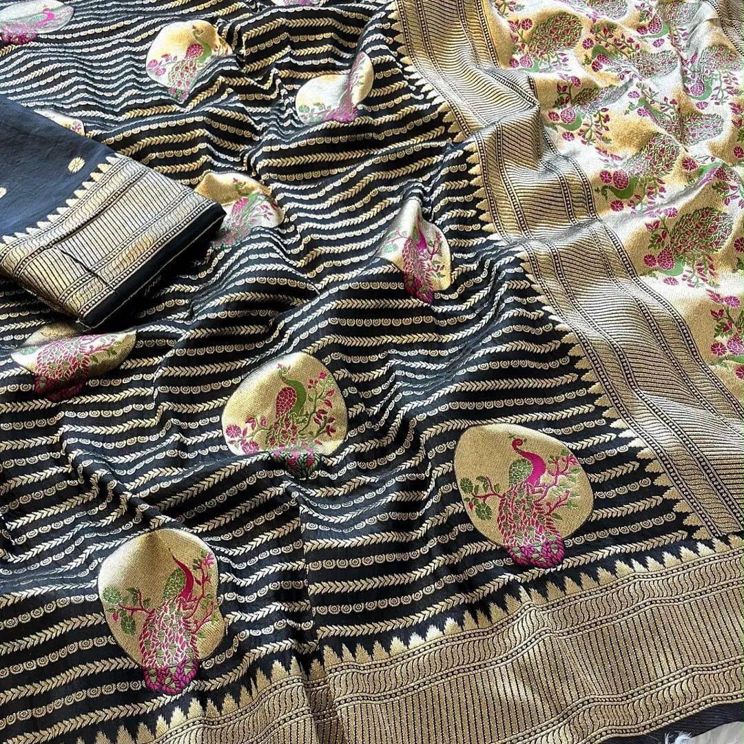 Pure Khadi Crepe Silk Saree with Meenakari Peacock Zari Weaving = BLACK