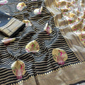 Pure Khadi Crepe Silk Saree with Meenakari Peacock Zari Weaving = BLACK