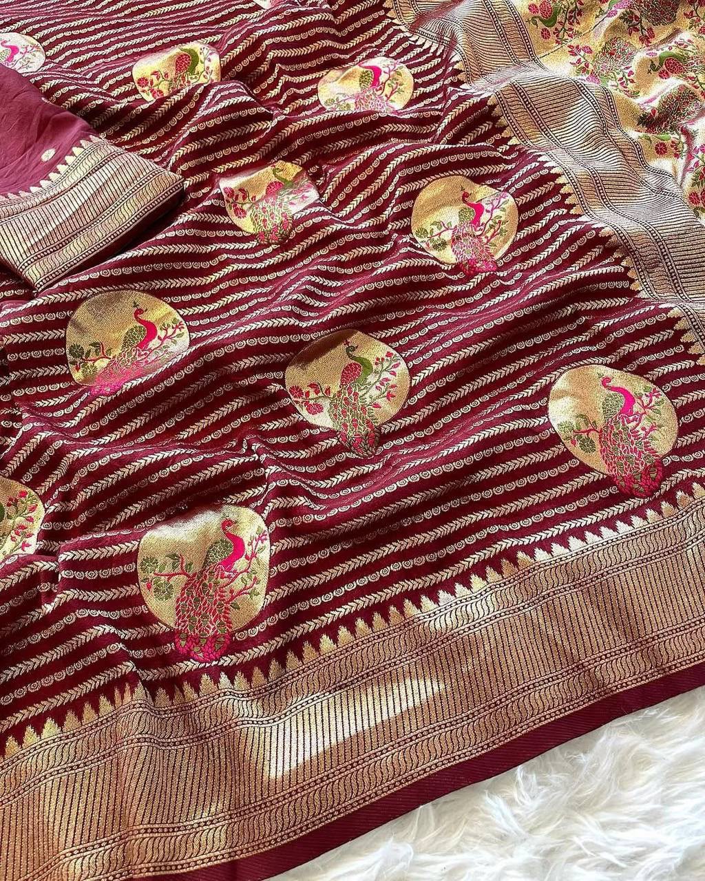 Pure Khadi Crepe Silk Saree with Meenakari Peacock Zari Weaving = MAROON