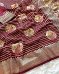 Pure Khadi Crepe Silk Saree with Meenakari Peacock Zari Weaving = MAROON