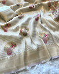 Pure Khadi Crepe Silk Saree with Meenakari Peacock Zari Weaving = WHITE