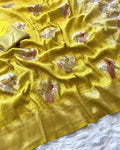 Pure Khadi Crepe Silk Saree with Meenakari Peacock Zari Weaving = YELLOW