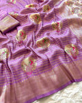 Pure Khadi Crepe Silk Saree with Meenakari Peacock Zari Weaving = PINK