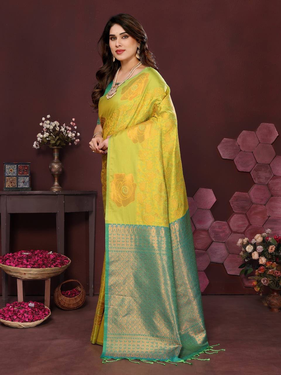 Harini Lime Bloom Banarasi Silk Saree  -PARROT