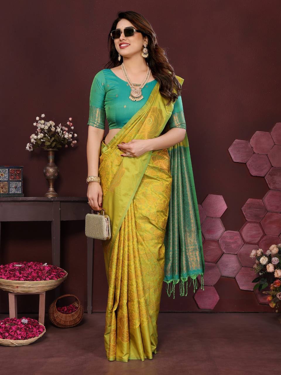 Harini Lime Bloom Banarasi Silk Saree  -PARROT