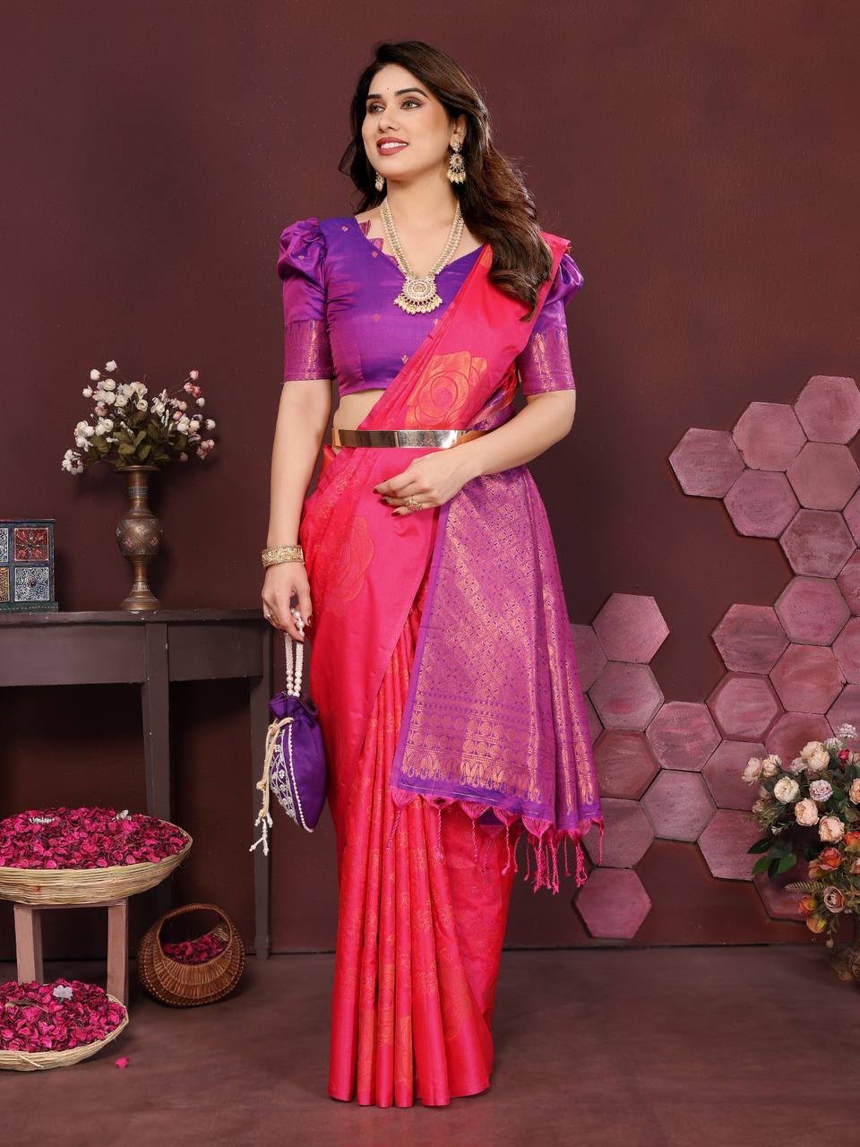 Harini Lime Bloom Banarasi Silk Saree  - PINK