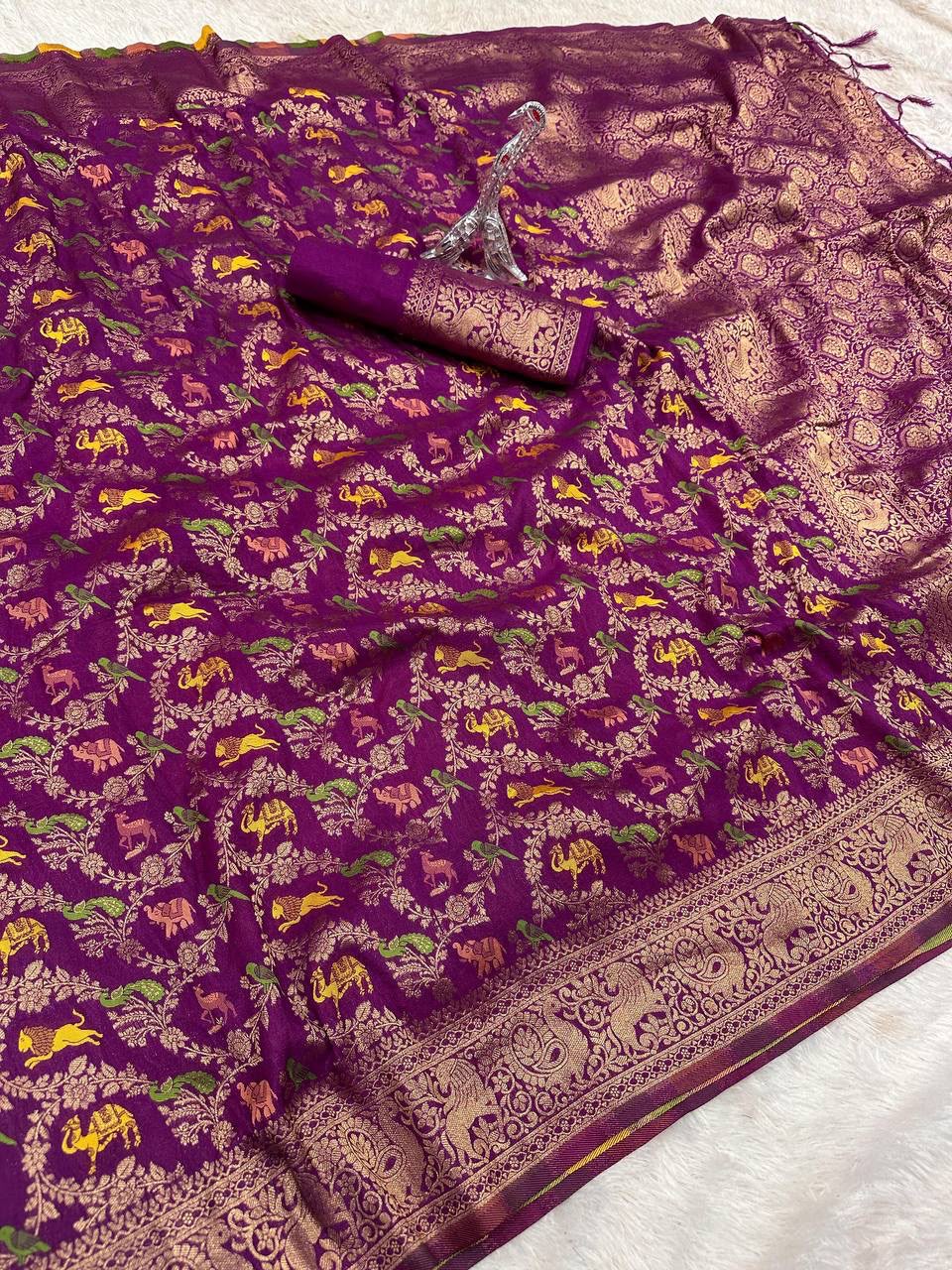 Pure Naylon kadi Creap Georgette jangal theem meenakari jaqurad weveing body ,border with Rich pallu- WINE