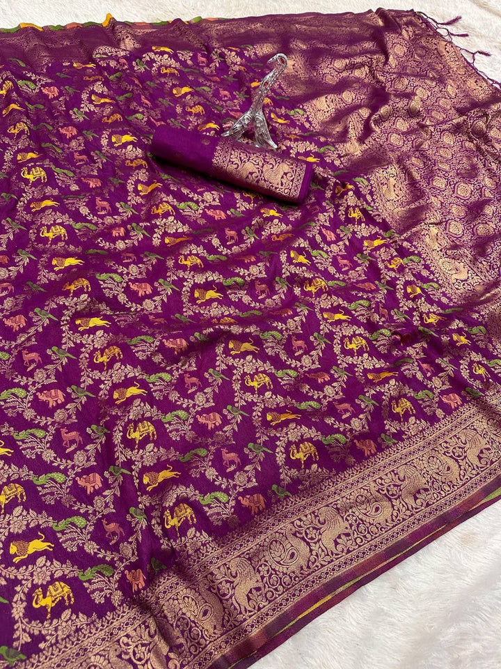 Pure Naylon kadi Creap Georgette jangal theem meenakari jaqurad weveing body ,border with Rich pallu- WINE