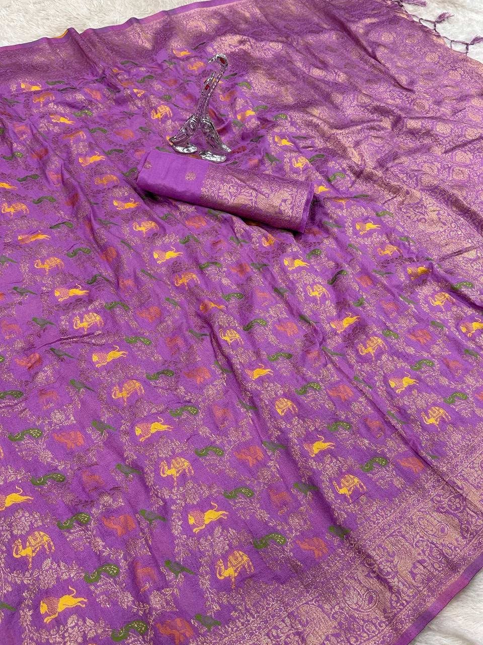 Pure Naylon kadi Creap Georgette jangal theem meenakari jaqurad weveing body ,border with Rich pallu- LIGHT PURPLE