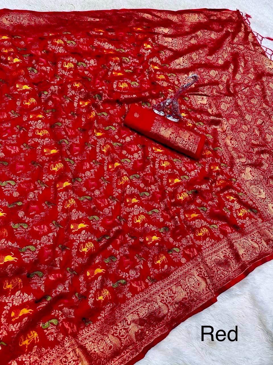 Pure Naylon kadi Creap Georgette jangal theem meenakari jaqurad weveing body ,border with Rich pallu-RED
