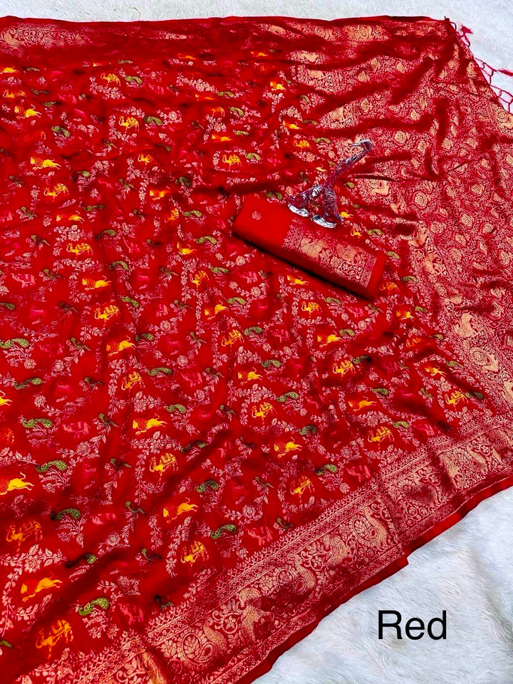 Pure Naylon kadi Creap Georgette jangal theem meenakari jaqurad weveing body ,border with Rich pallu-RED