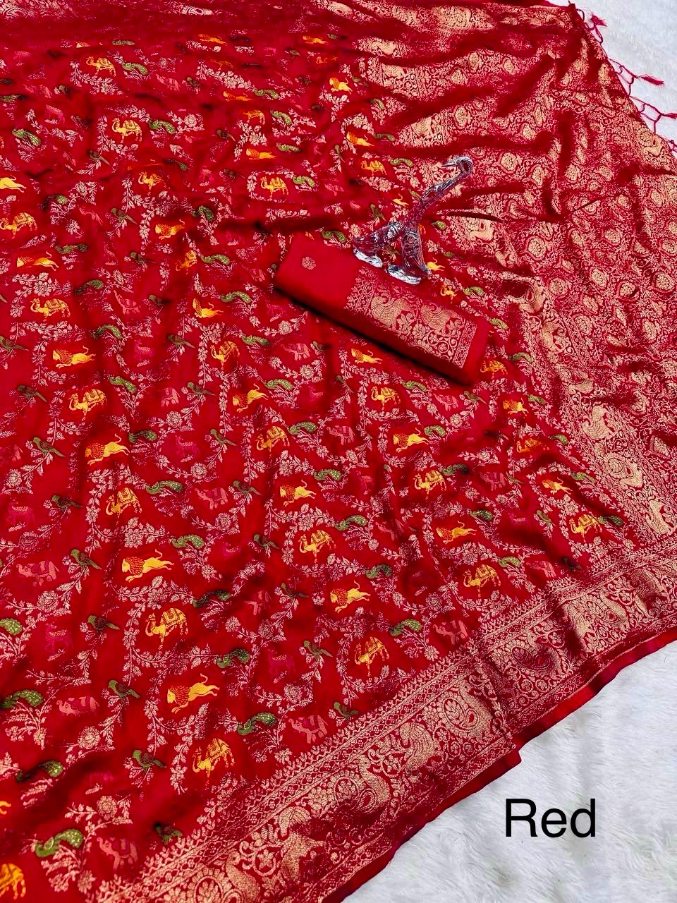 Pure Naylon kadi Creap Georgette jangal theem meenakari jaqurad weveing body ,border with Rich pallu-RED