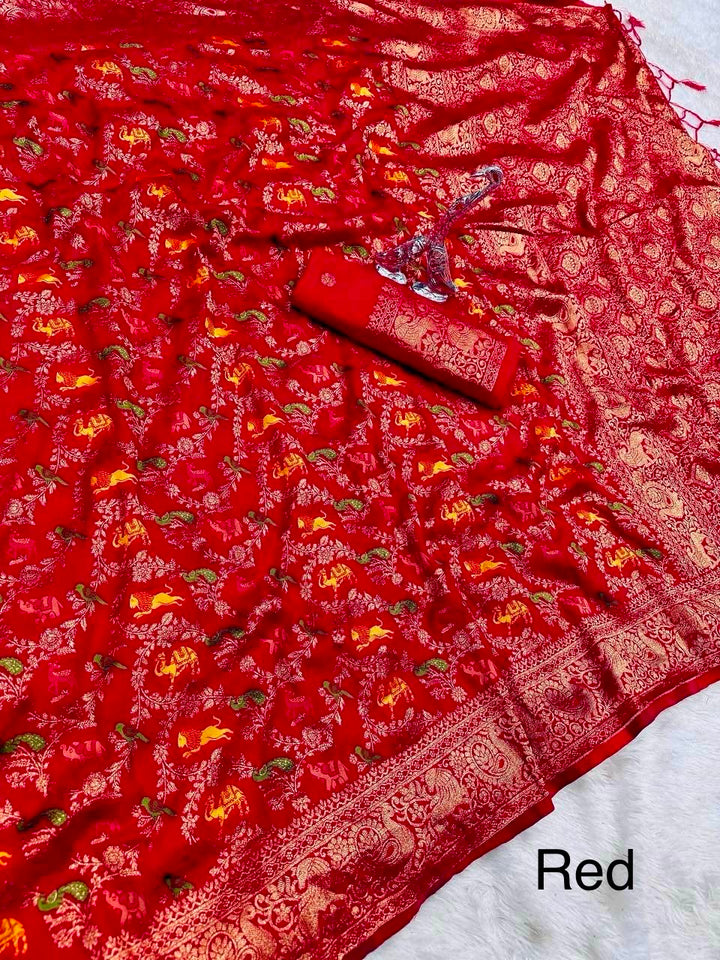 Pure Naylon kadi Creap Georgette jangal theem meenakari jaqurad weveing body ,border with Rich pallu-RED