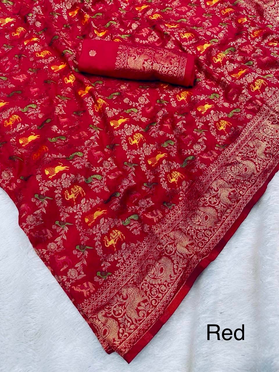 Pure Naylon kadi Creap Georgette jangal theem meenakari jaqurad weveing body ,border with Rich pallu-RED