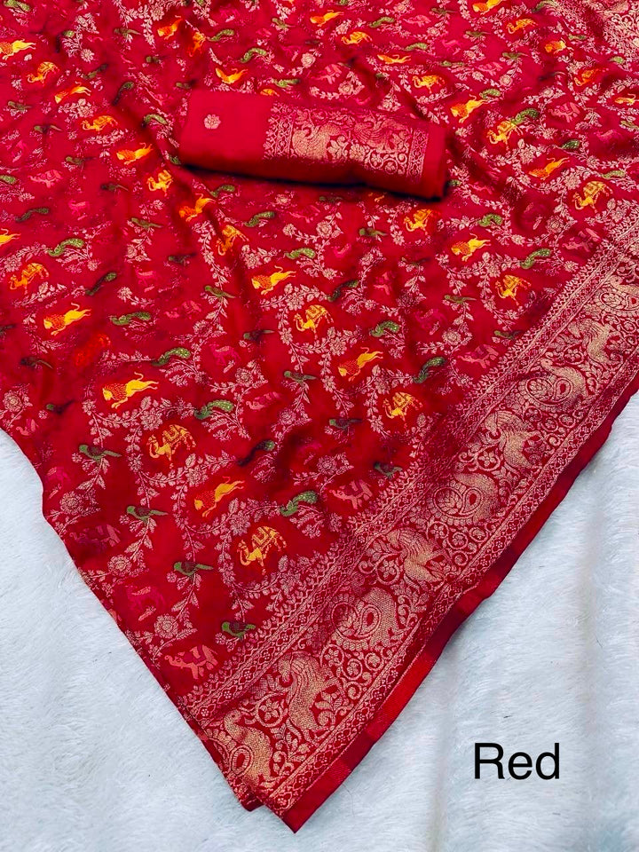 Pure Naylon kadi Creap Georgette jangal theem meenakari jaqurad weveing body ,border with Rich pallu-RED
