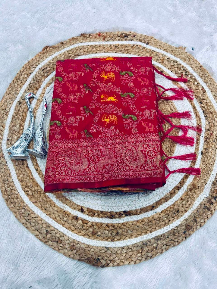 Pure Naylon kadi Creap Georgette jangal theem meenakari jaqurad weveing body ,border with Rich pallu-RED