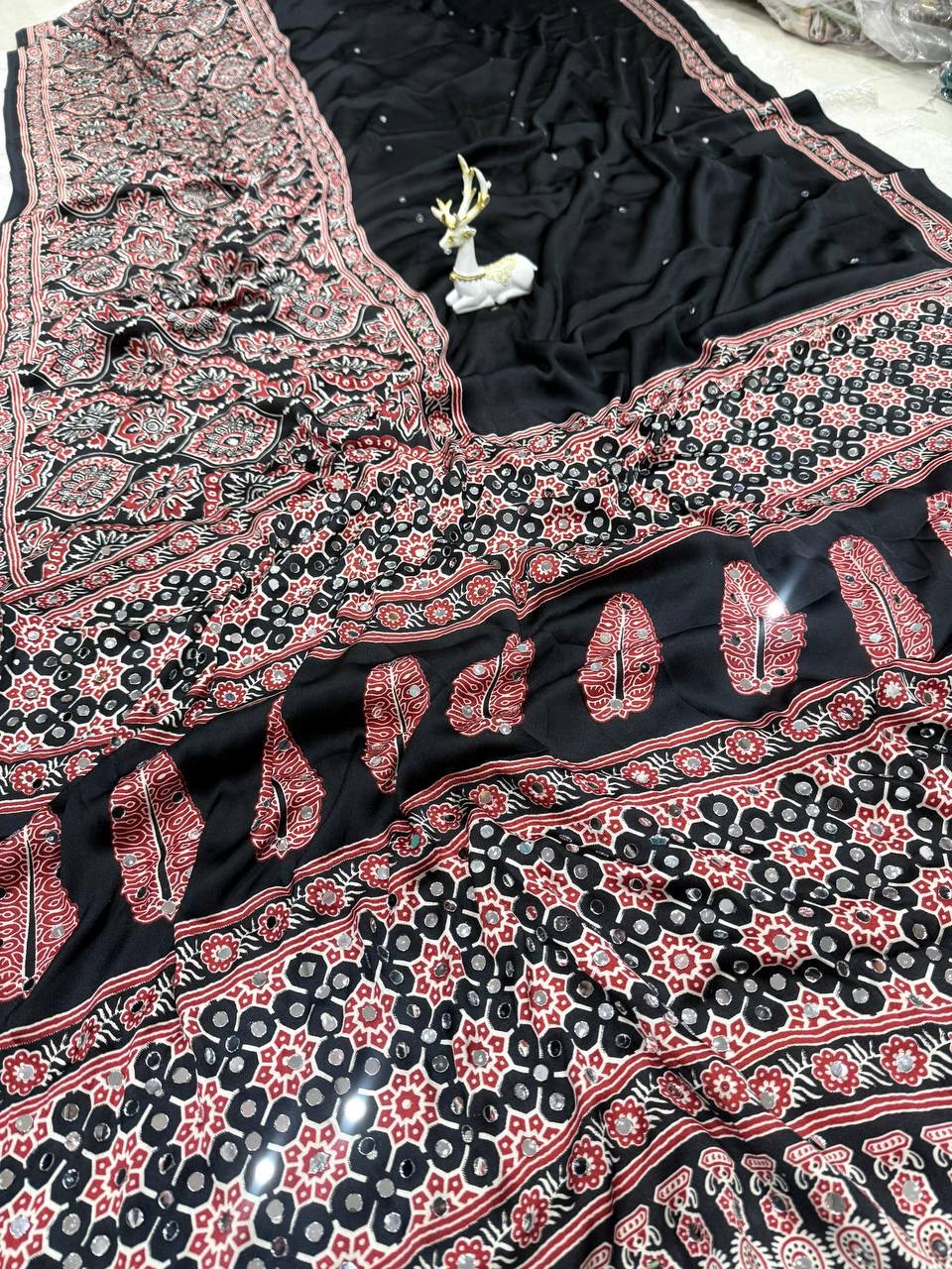 Royal Soft Gajji Silk Ajrakh Print Saree with Real Mirror Work &amp; Designer Tassels - BLACK