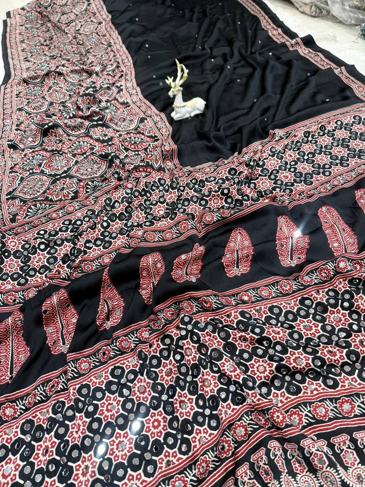 Royal Soft Gajji Silk Ajrakh Print Saree with Real Mirror Work &amp; Designer Tassels - BLACK