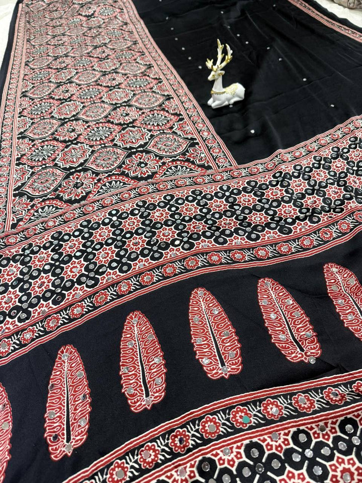 Royal Soft Gajji Silk Ajrakh Print Saree with Real Mirror Work &amp; Designer Tassels - BLACK