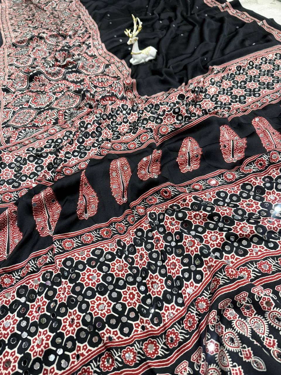 Royal Soft Gajji Silk Ajrakh Print Saree with Real Mirror Work &amp; Designer Tassels - BLACK