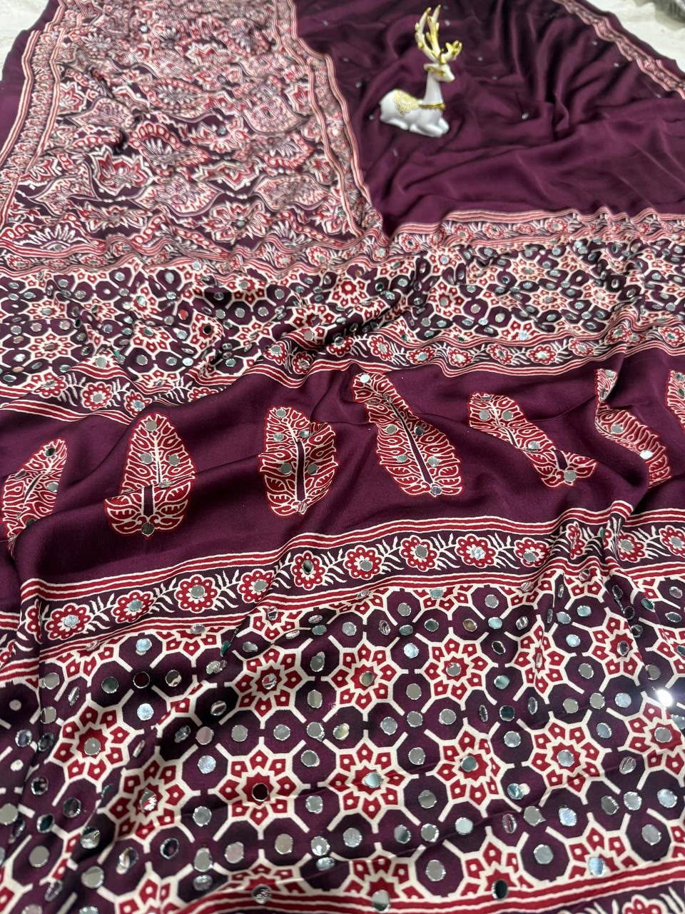 Royal Soft Gajji Silk Ajrakh Print Saree with Real Mirror Work &amp; Designer Tassels - MAROON