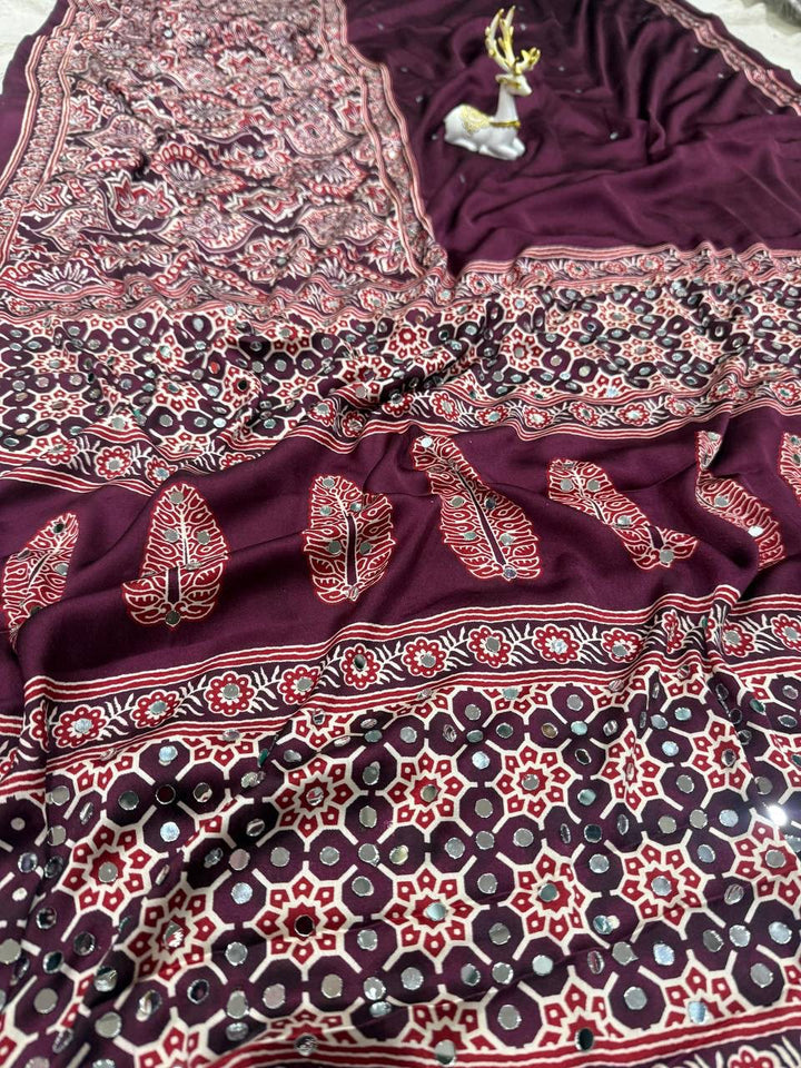 Royal Soft Gajji Silk Ajrakh Print Saree with Real Mirror Work &amp; Designer Tassels - MAROON
