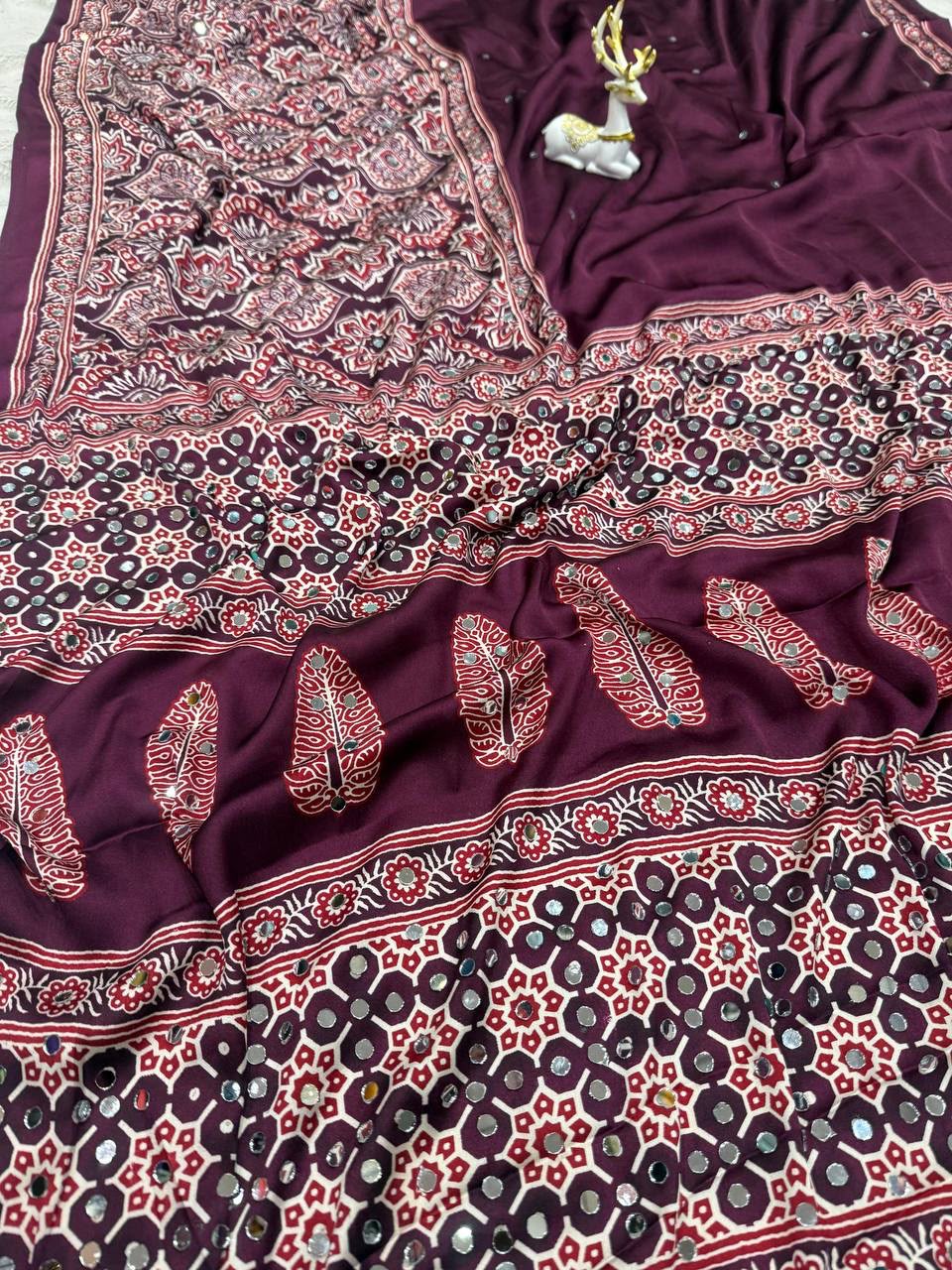 Royal Soft Gajji Silk Ajrakh Print Saree with Real Mirror Work &amp; Designer Tassels - MAROON