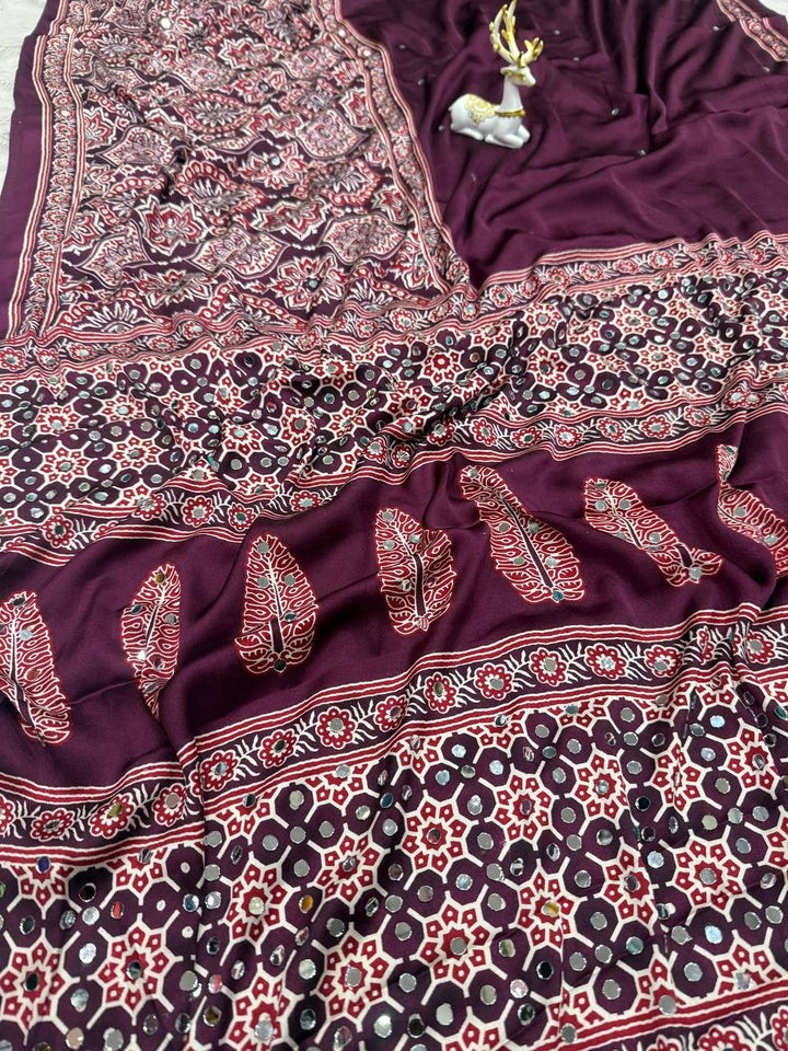 Royal Soft Gajji Silk Ajrakh Print Saree with Real Mirror Work &amp; Designer Tassels - MAROON