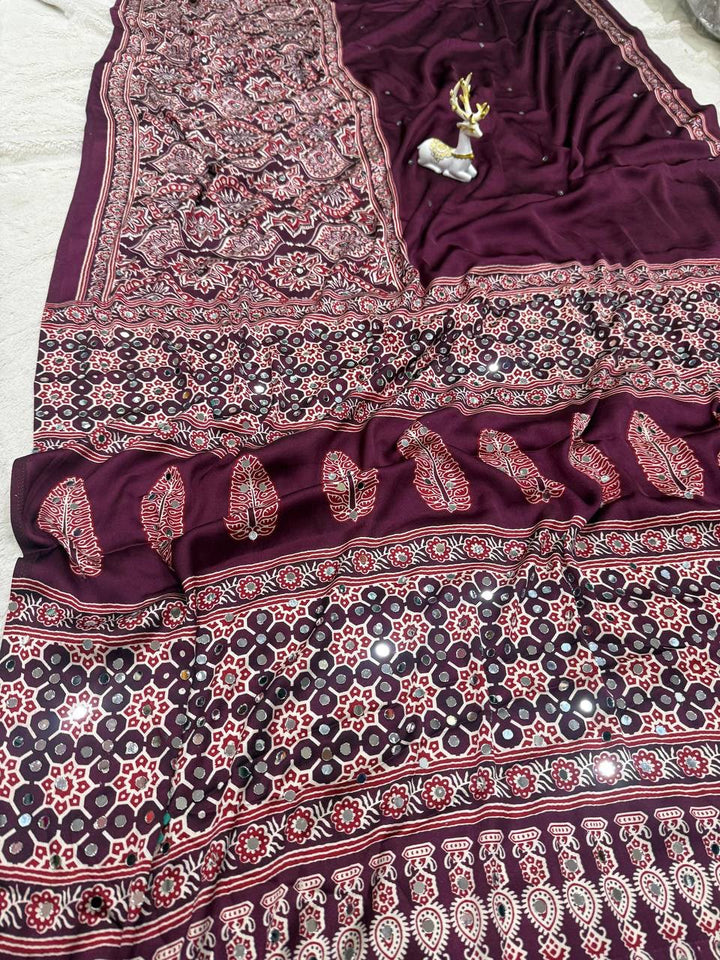 Royal Soft Gajji Silk Ajrakh Print Saree with Real Mirror Work &amp; Designer Tassels - MAROON