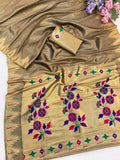 Suvarna Pushpa Bamboo Tissue Silk Paithani Saree -BEIGE