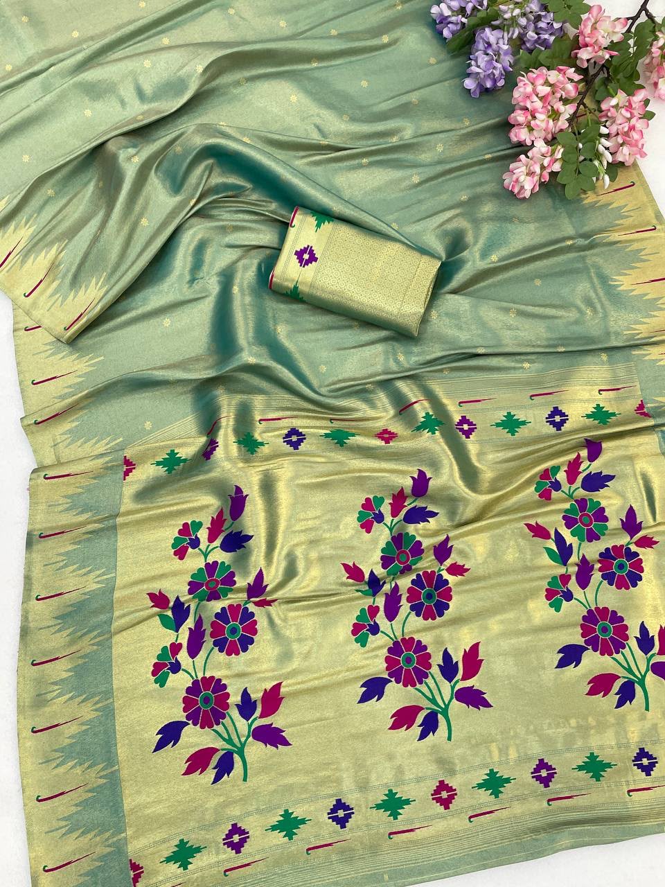 Suvarna Pushpa Bamboo Tissue Silk Paithani Saree - PISTA