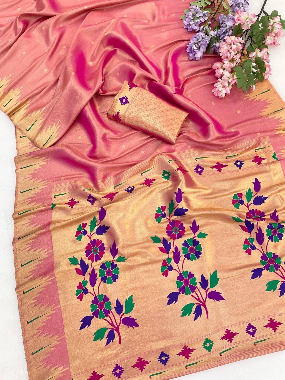 Suvarna Pushpa Bamboo Tissue Silk Paithani Saree -PINK