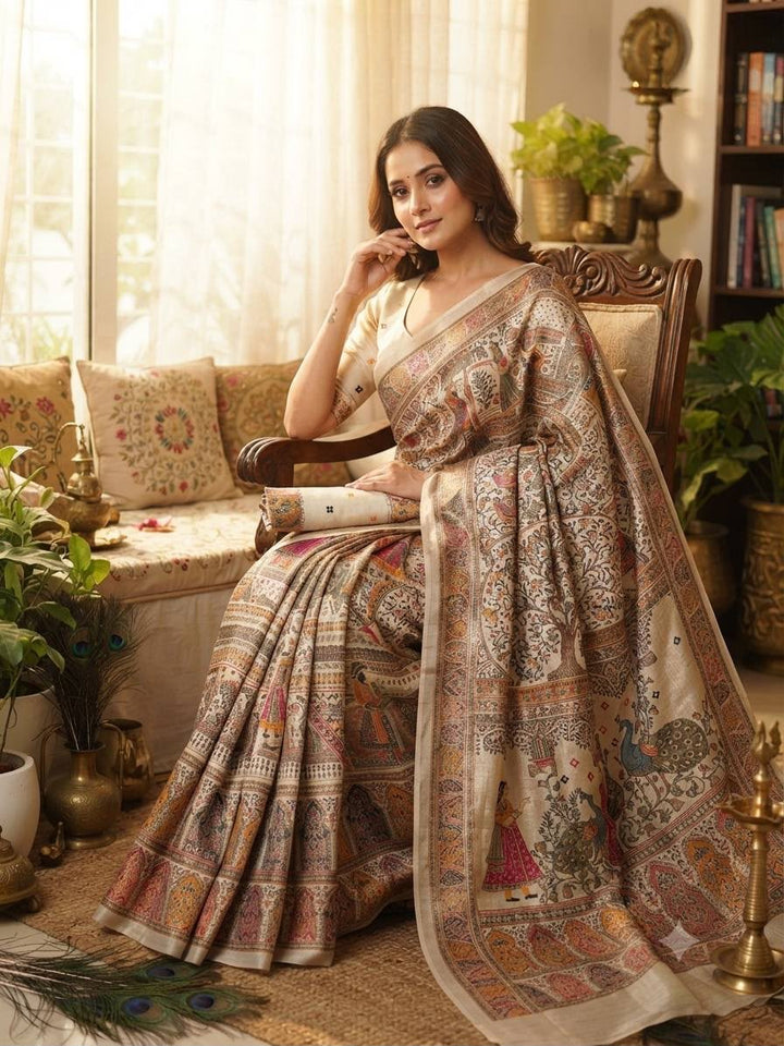Premium Rajwadi Pashmina Silk Weaving Saree with Kashmiri Thread Woven Pallu &amp; Zari Border-OFF WHITE