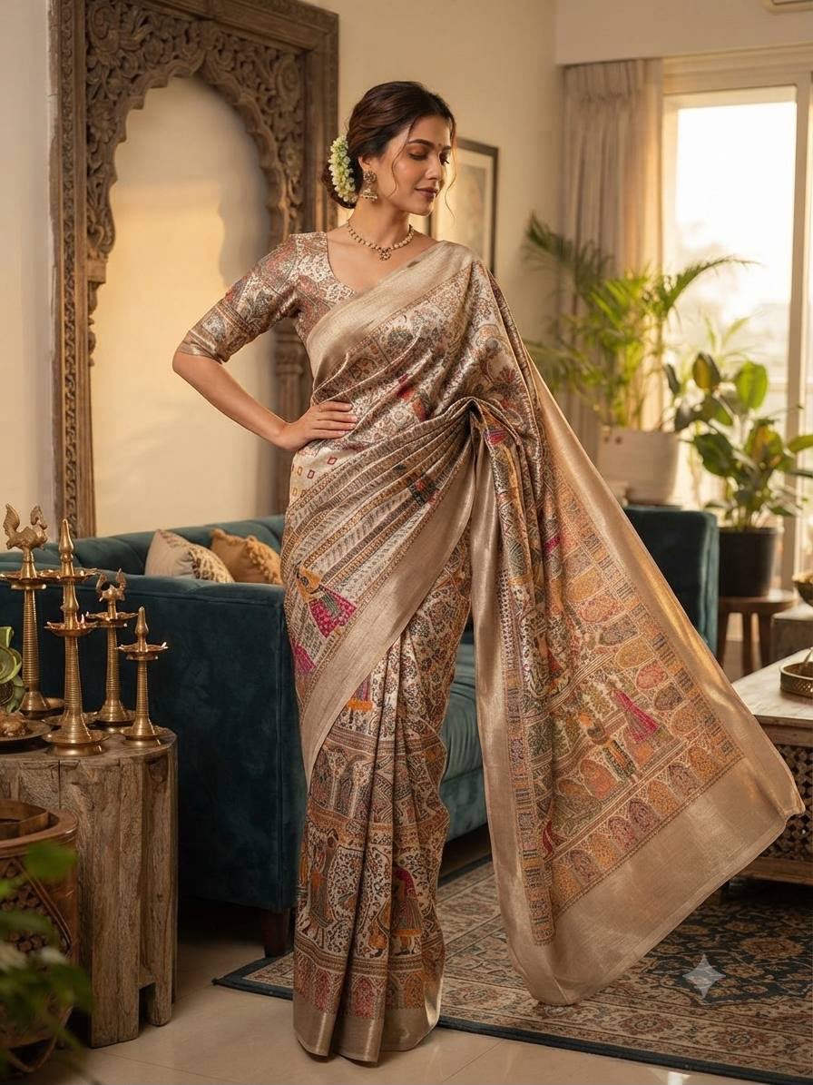 Premium Rajwadi Pashmina Silk Weaving Saree with Kashmiri Thread Woven Pallu &amp; Zari Border-OFF WHITE